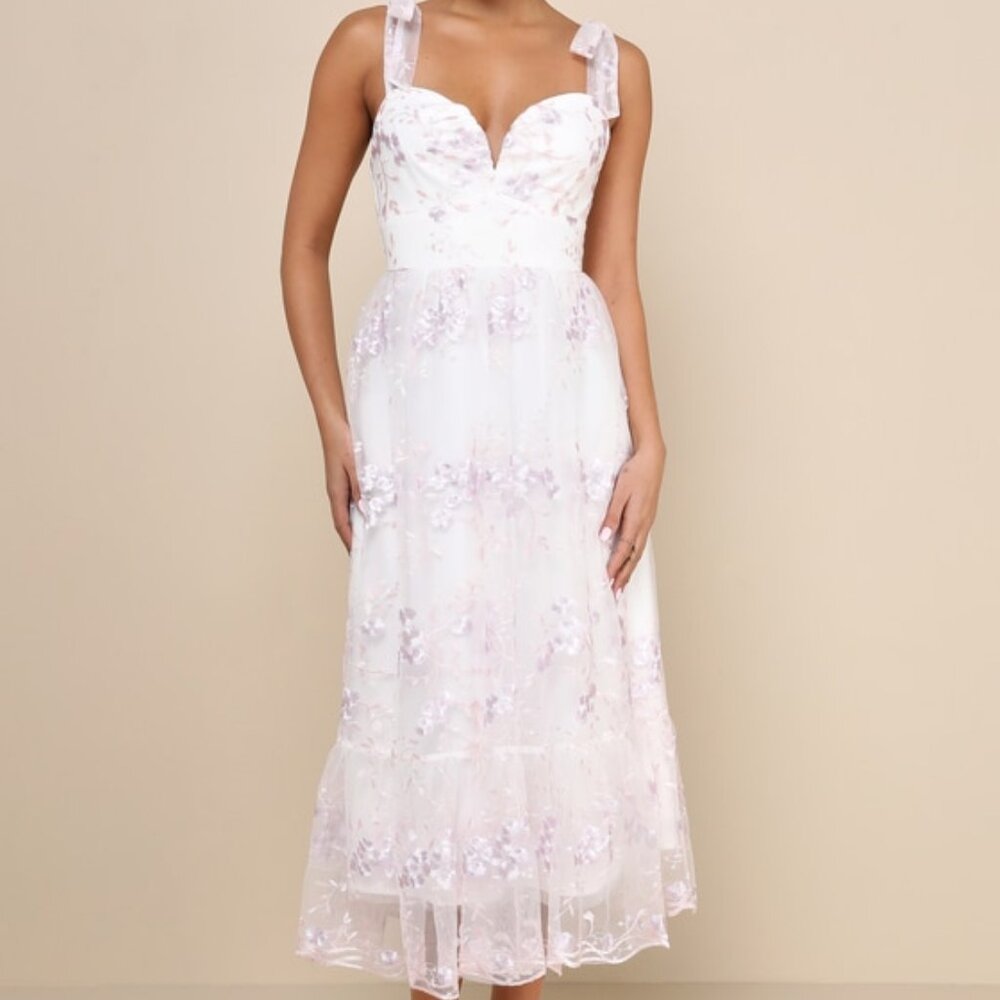 Lulu's White Midi Dress with Pale Pink Floral Embroidery